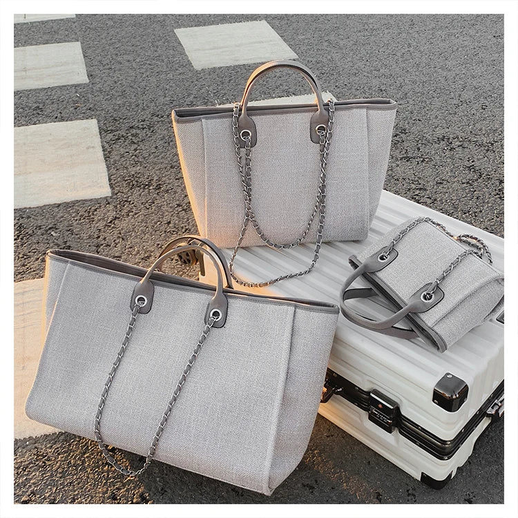 Tote Bag Femme Toile Grande Capacité – Cabas Shopping Chaînes Épaule Messenger Casual