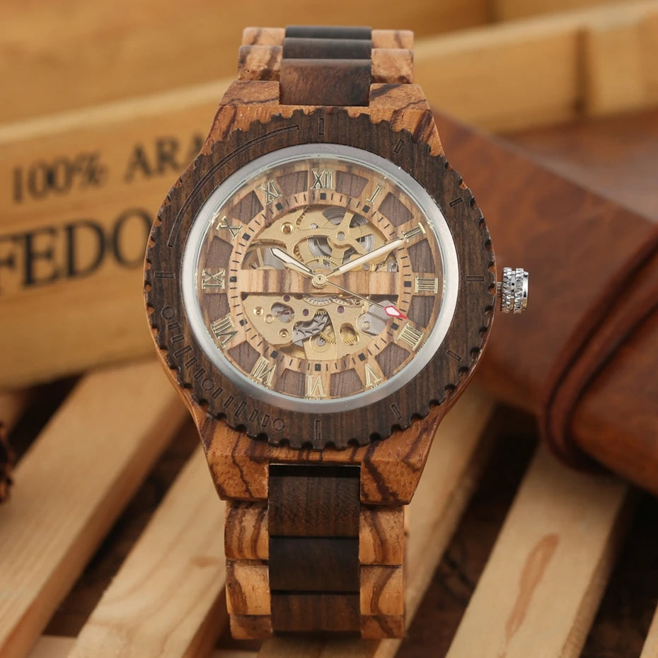Montre Homme Luxe Mécanique Automatique Bois Bracelet Réglable – Fashion Éco-Responsable Unique