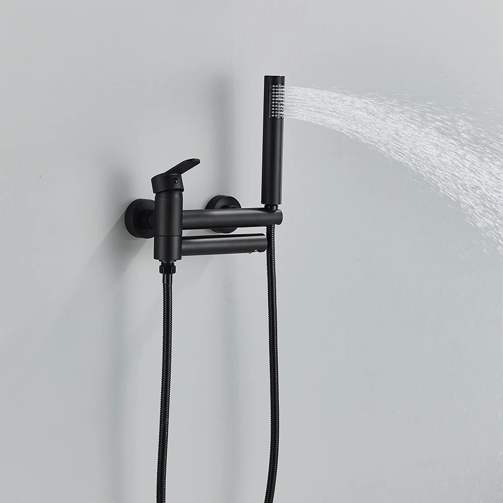 Rozin Robinet Baignoire Mural Noir & Or – Bec Pivotant en Laiton, Mitigeur Douche Complet | Salle de Bain Luxe