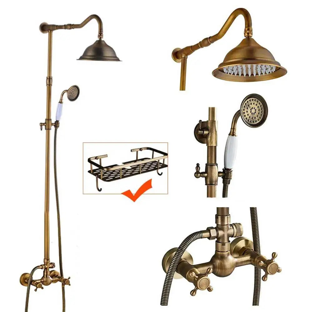 Rozin Ensemble Douche Antique Laiton Mural – Double Poignée, Douchette & Étagère Intégrée | Mitigeur Style Vintage