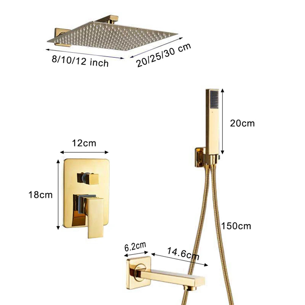 Rozin Ensemble Douche Pluie Carrée Or Encastrée – 8"/10"/12" au Choix, Mitigeur Caché & Bec Baignoire | Salle de Bain Luxe