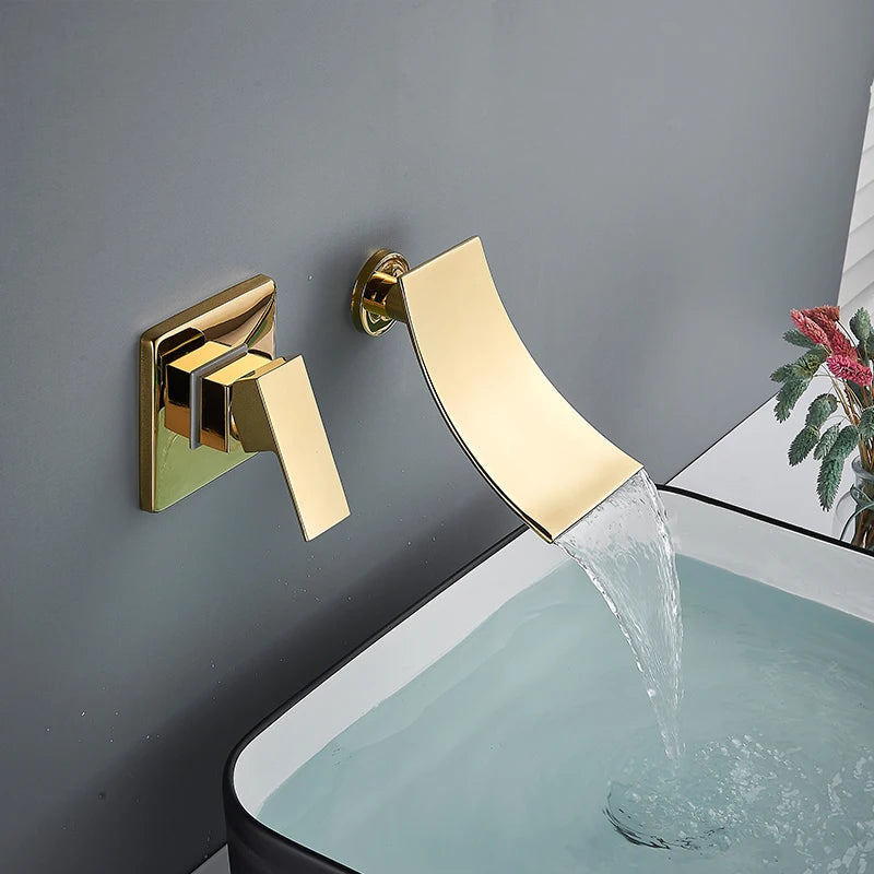 Rozin Robinet Lavabo Cascade Mural – Chrome & Noir Mat, Mitigeur Mono-Commande | Eau Chaude & Froide Salle de Bain