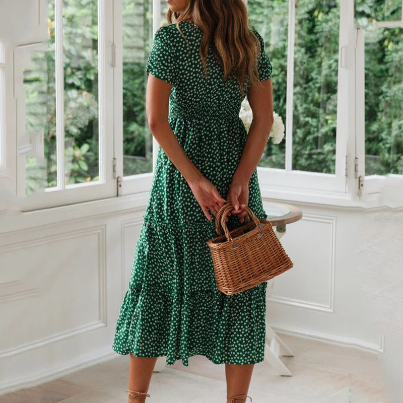 Vintage Maxikleid mit Blumenmuster – Carmen-Ausschnitt & Puffärmel | Maxi Strandkleid Casual