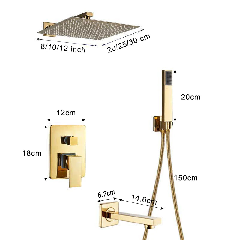 Rozin Ensemble Douche Pluie Carrée Or Encastrée – 8"/10"/12" au Choix, Mitigeur Caché & Bec Baignoire | Salle de Bain Luxe