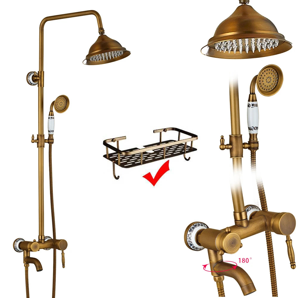 Rozin Ensemble Douche Antique Laiton Mural – Double Poignée, Douchette & Étagère Intégrée | Mitigeur Style Vintage