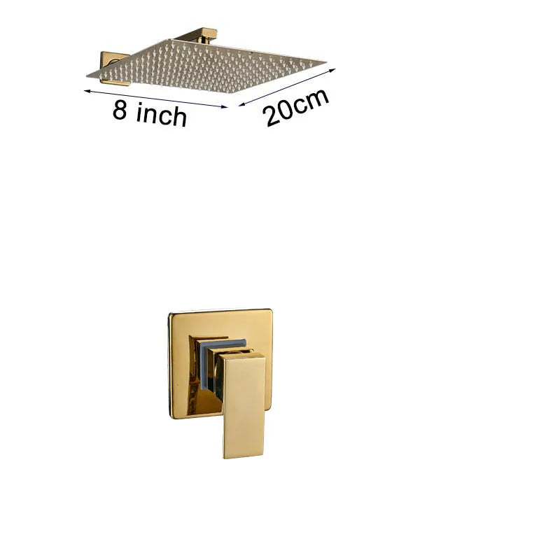 Rozin Ensemble Douche Pluie Carrée Or Encastrée – 8"/10"/12" au Choix, Mitigeur Caché & Bec Baignoire | Salle de Bain Luxe