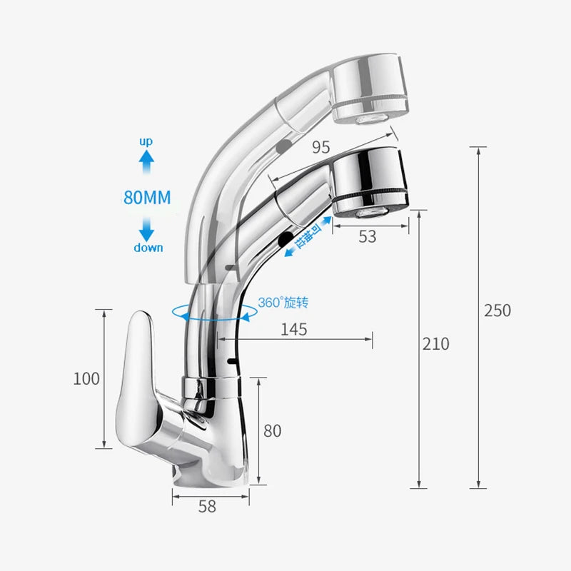 POIQIHY Robinet Lavabo Extractible Noir – Mitigeur Chaud Froid, Rotation 360°, Bec Relevable | Chrome & Noir Salle de Bain