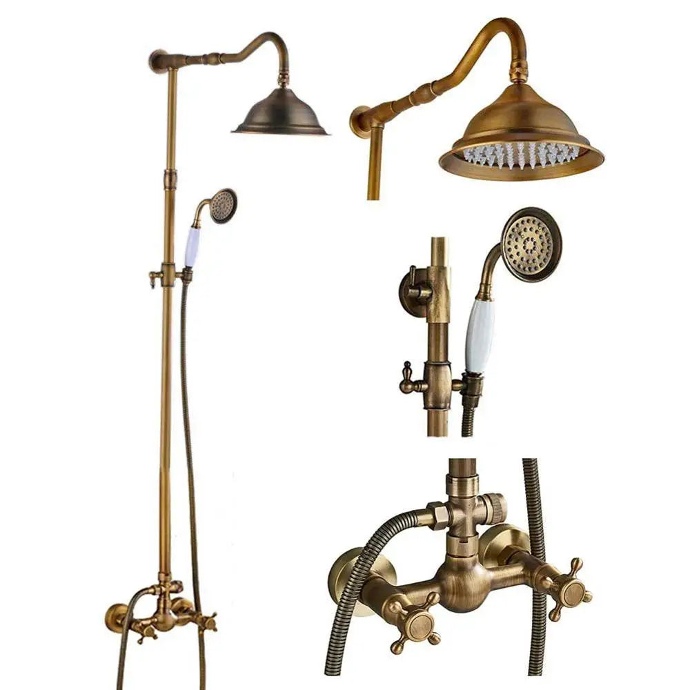Rozin Ensemble Douche Antique Laiton Mural – Double Poignée, Douchette & Étagère Intégrée | Mitigeur Style Vintage