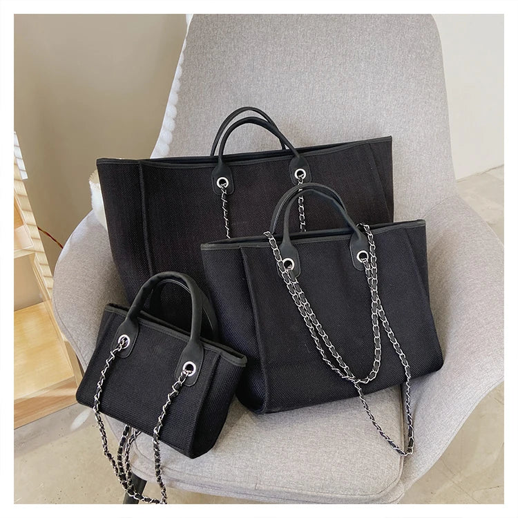 Tote Bag Femme Toile Grande Capacité – Cabas Shopping Chaînes Épaule Messenger Casual