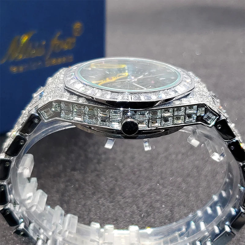 Montre Homme Squelette Or Baguette Automatique – Diamond Lumineux Luxe Étanche Collector