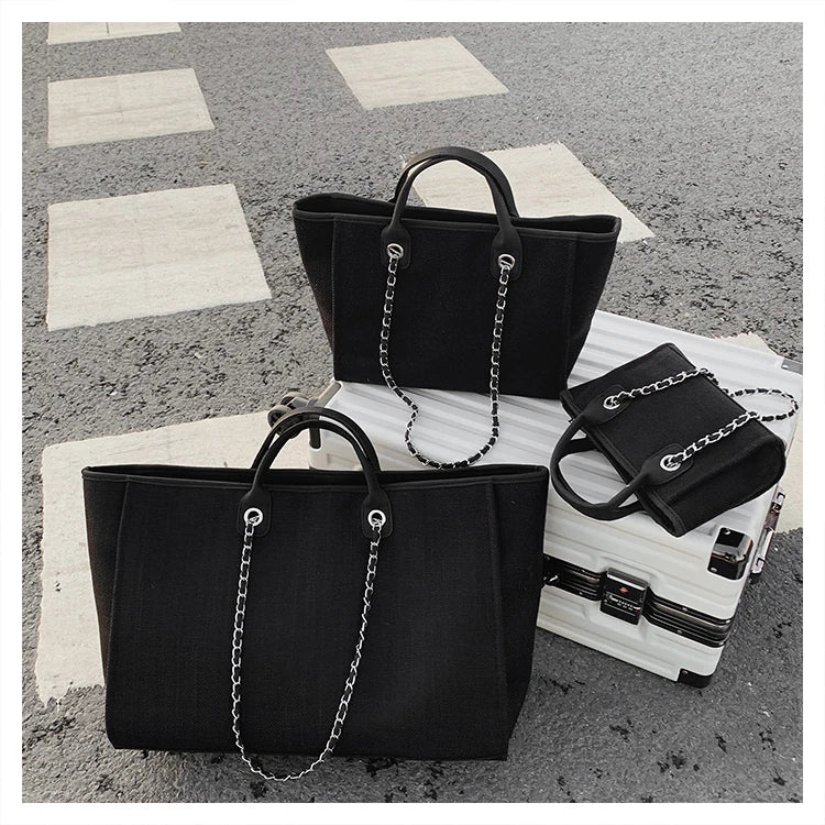 Tote Bag Femme Toile Grande Capacité – Cabas Shopping Chaînes Épaule Messenger Casual