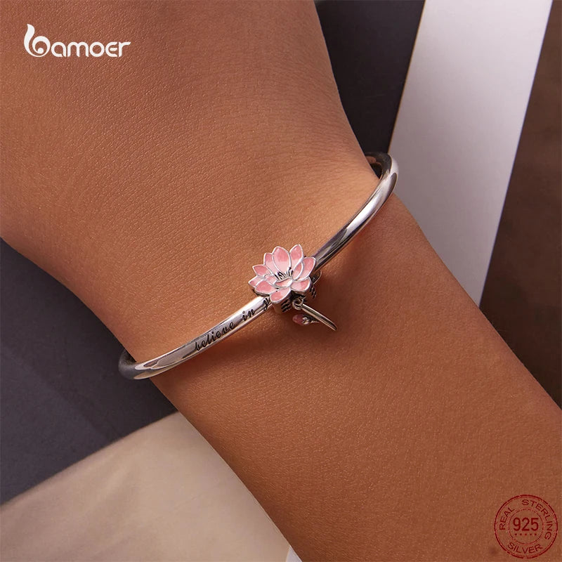 Charm Argent 925 Fleur de Lotus Rose Bamoer – Pendentif Sac & Bracelet DIY | Bijou Fin Femme Premium Élégant & Symbolique