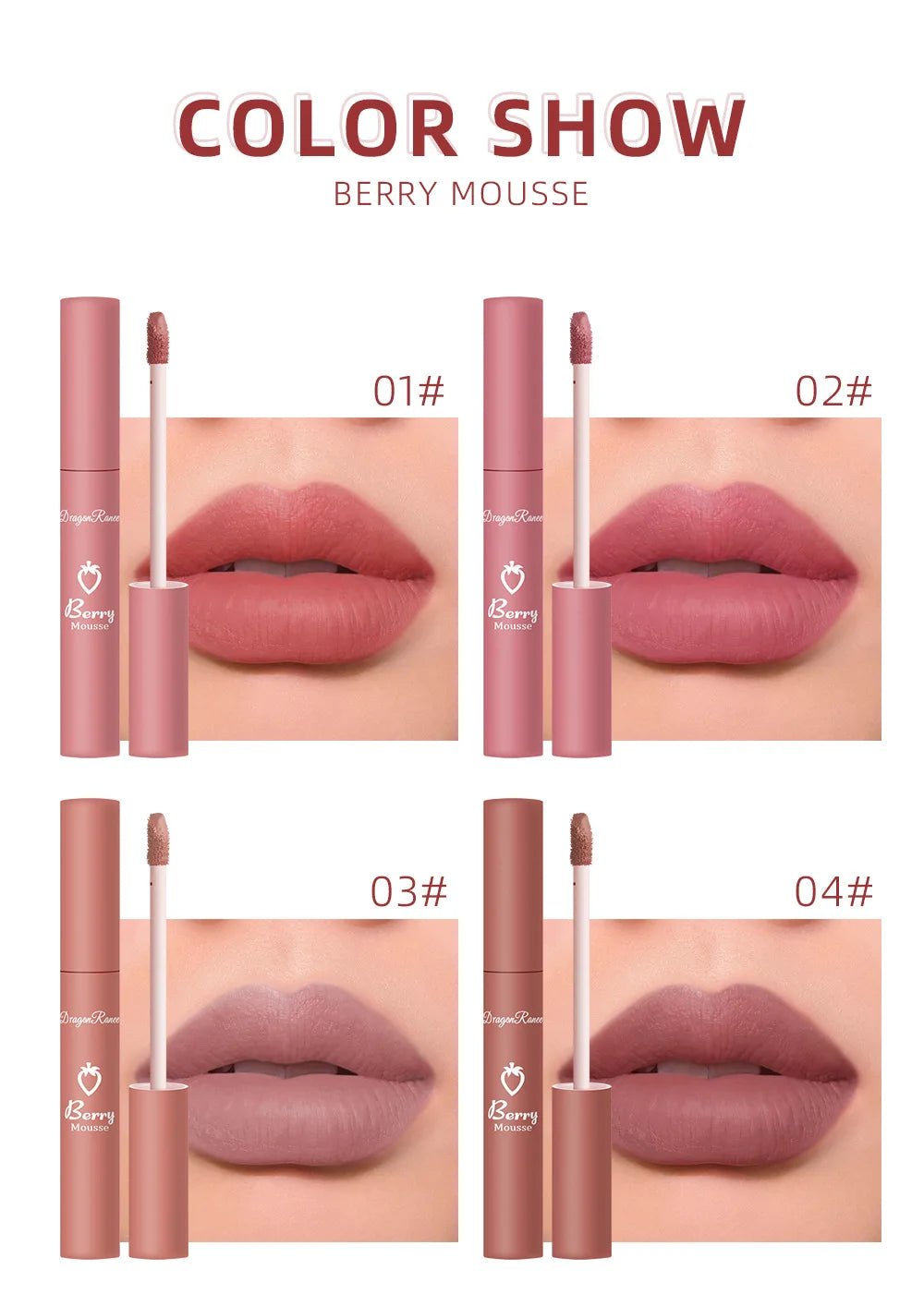 Gloss Lèvres Mat 12 Couleurs Berry Mousse – Glaçure Velours Waterproof Longue Tenue | Rouge à Lèvres Sexy Cosmétique