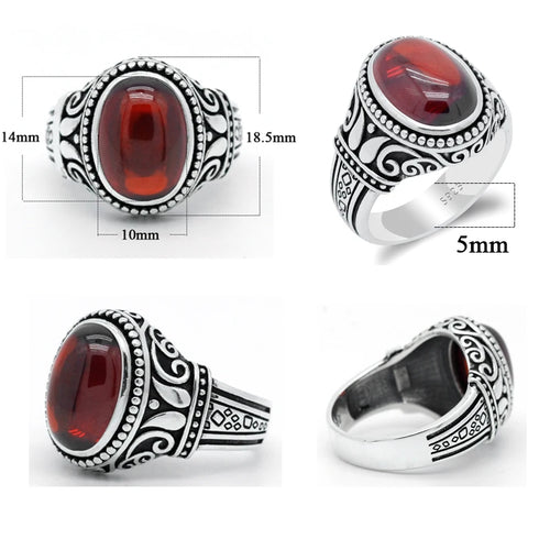 Bague Argent 925 Homme Zircon Rouge – Gravure Vintage Luxe | Bijou Sterling Silver Unisexe | Cadeau Homme & Femme