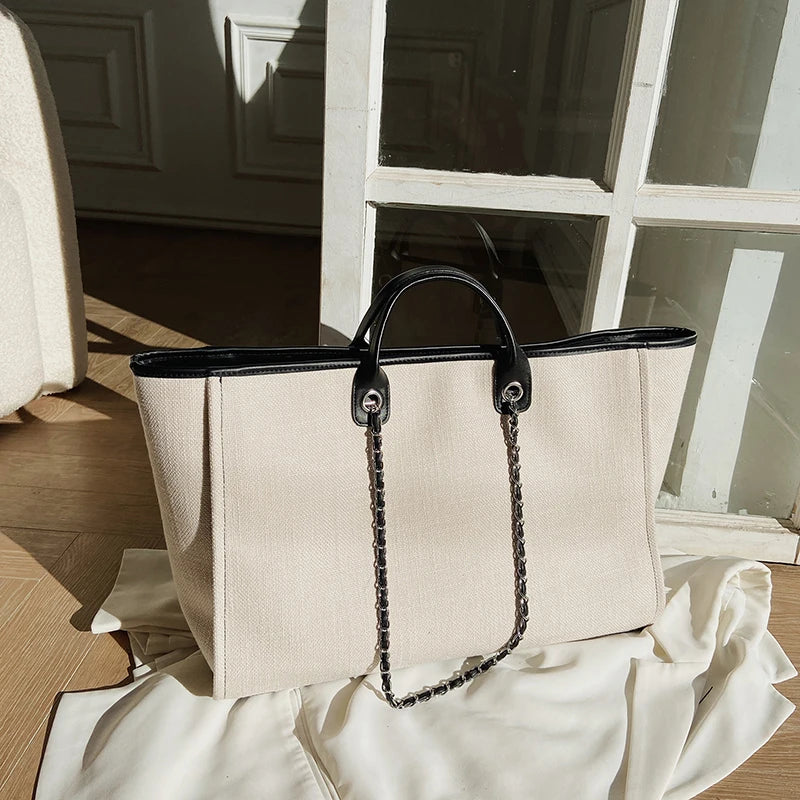 Tote Bag Femme Toile Grande Capacité – Cabas Shopping Chaînes Épaule Messenger Casual