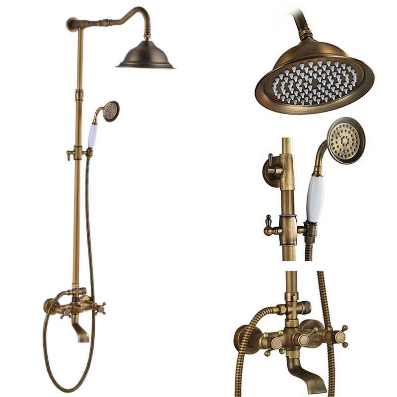 Rozin Ensemble Douche Antique Laiton Mural – Double Poignée, Douchette & Étagère Intégrée | Mitigeur Style Vintage