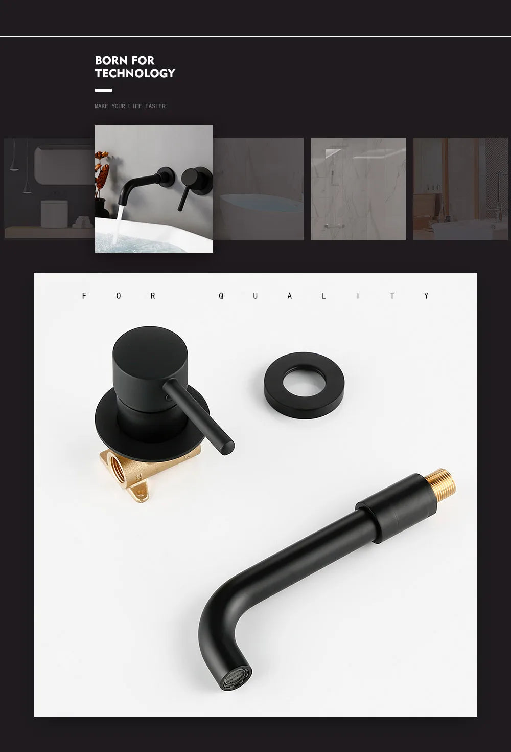 Robinet Lavabo Mural Noir Mat Mono-Commande – Bec 150/210/260mm au Choix | Mitigeur Encastré Salle de Bain