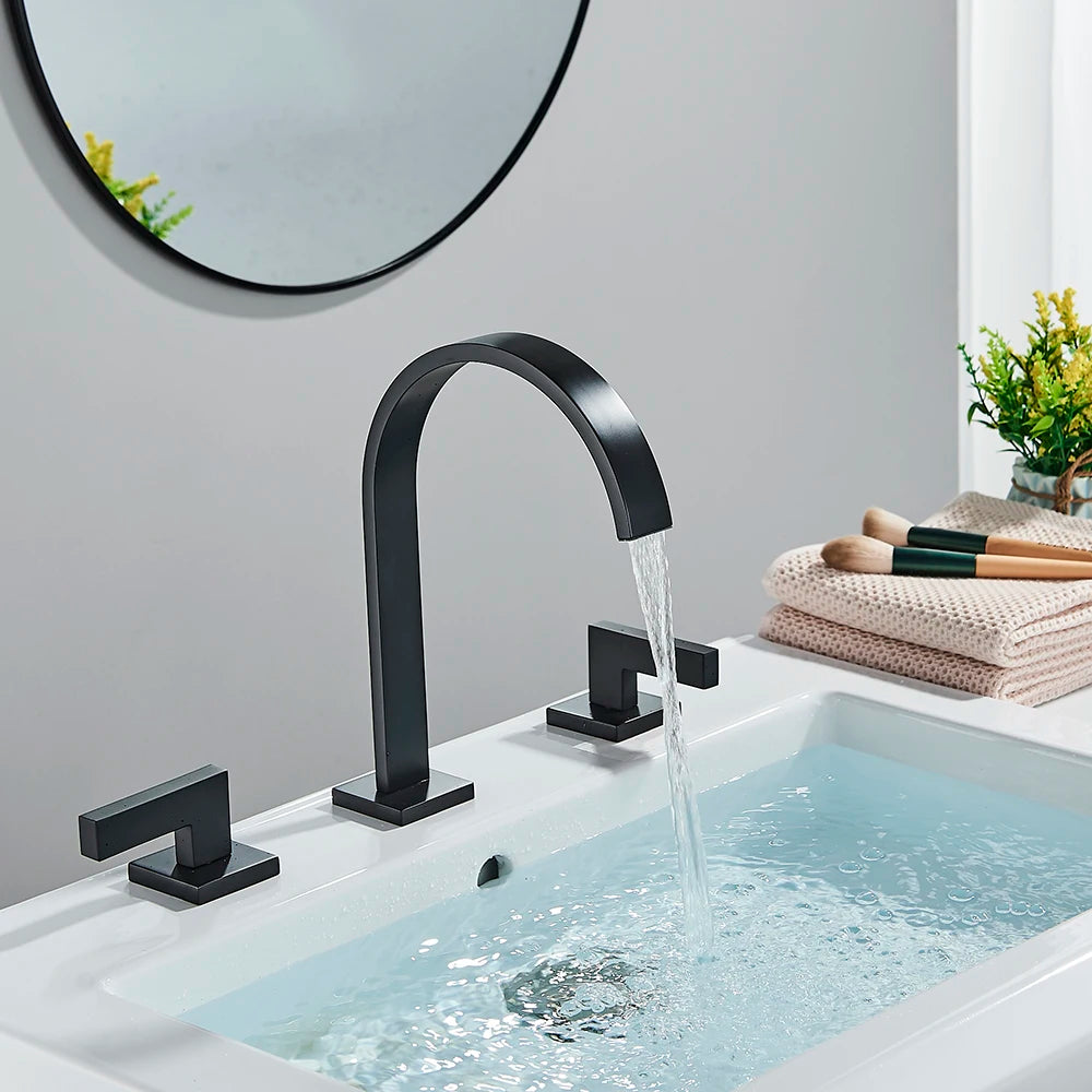 Robinet Lavabo Noir 3 Trous Double Poignée – Mitigeur Eau Chaude & Froide, Chrome | Vasque Salle de Bain