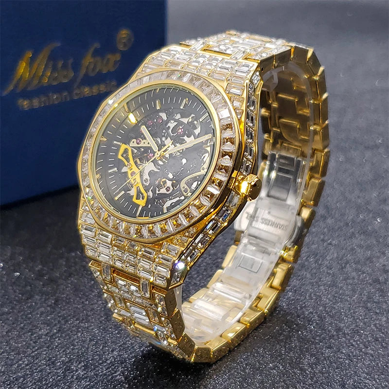 Montre Homme Squelette Or Baguette Automatique – Diamond Lumineux Luxe Étanche Collector