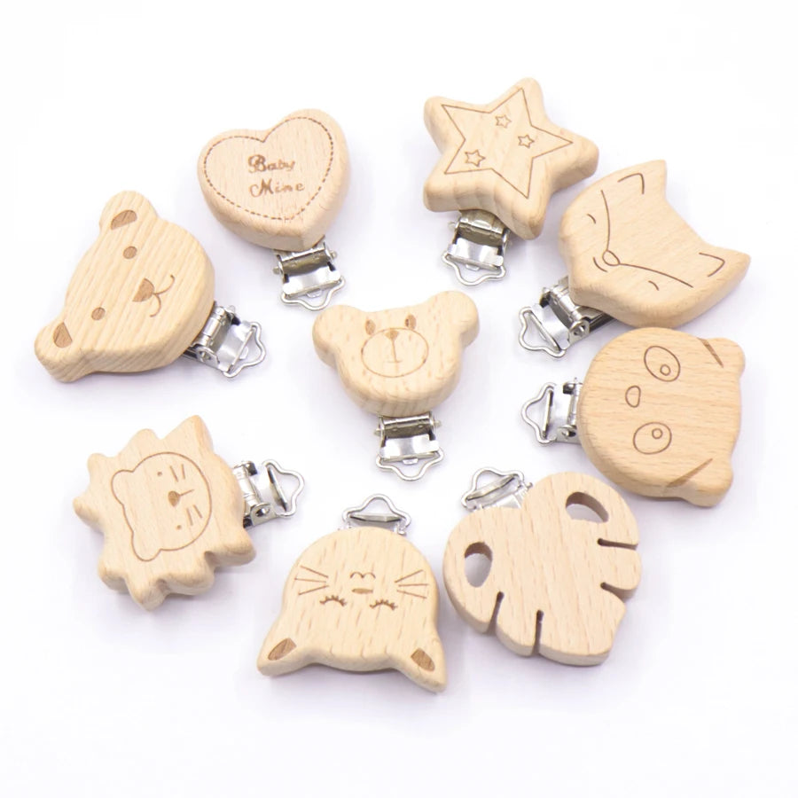 Los 5 Schnullerclips Holz Tiere – Schnullerkette Hase Elefant Stern Beißring Baby