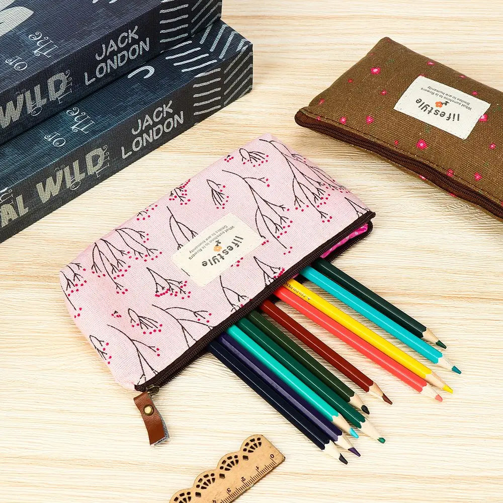 Trousse À Crayons Florale Canvas – Pochette Papeterie Mignonne Style Champêtre École