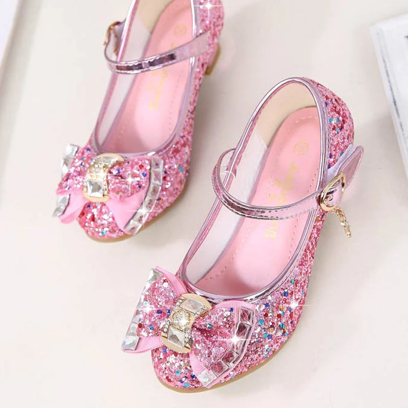 Chaussures Princesse Fille Cuir Paillettes Talon – Nœud Papillon Fleur Bleu Rose Argenté