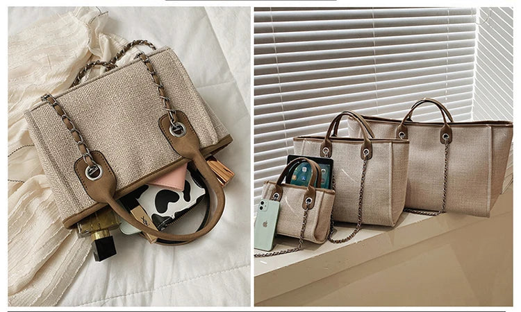 Tote Bag Femme Toile Grande Capacité – Cabas Shopping Chaînes Épaule Messenger Casual