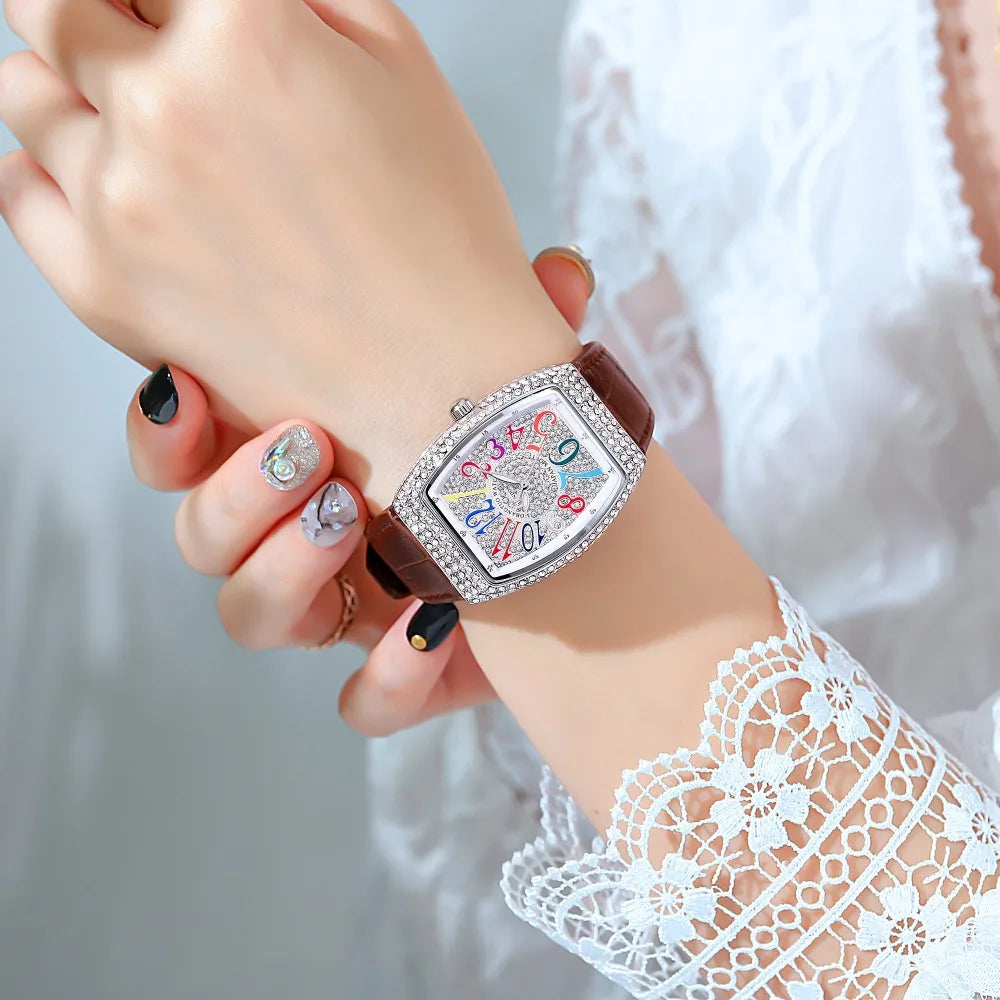 Damen Luxus Diamant Kristall Rechteckiges Zifferblatt Bunt Leder Quarz Uhr – Einzigartiges Elegantes Design