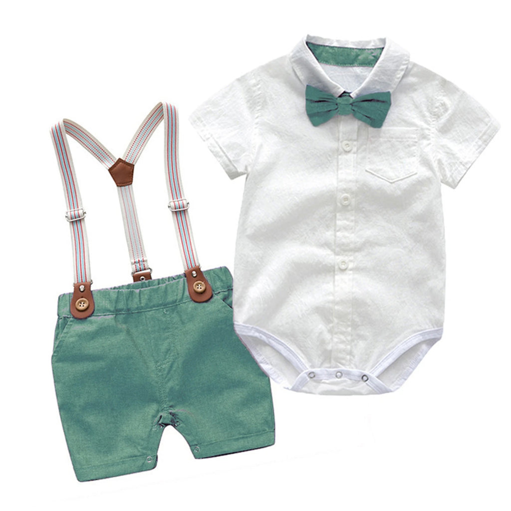 Ensemble Gentleman Garçon Bébé – Chemise Boutons Col Revers + Salopette Bretelles Été Casual Chic