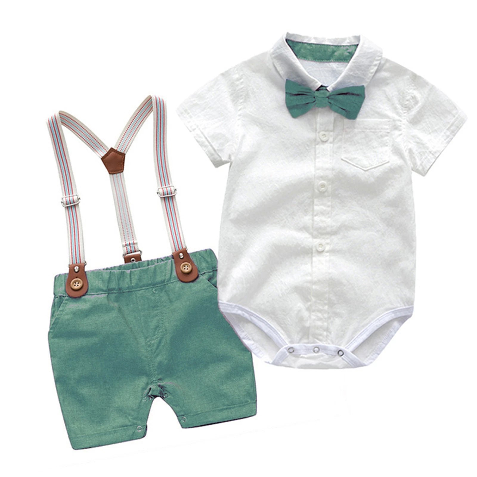 Ensemble Gentleman Garçon Bébé – Chemise Boutons Col Revers + Salopette Bretelles Été Casual Chic