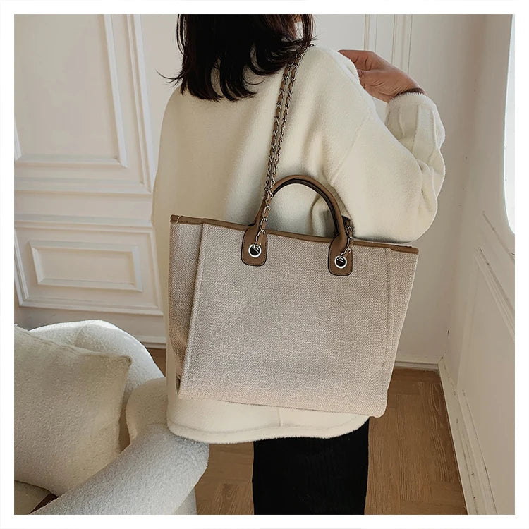 Tote Bag Femme Toile Grande Capacité – Cabas Shopping Chaînes Épaule Messenger Casual