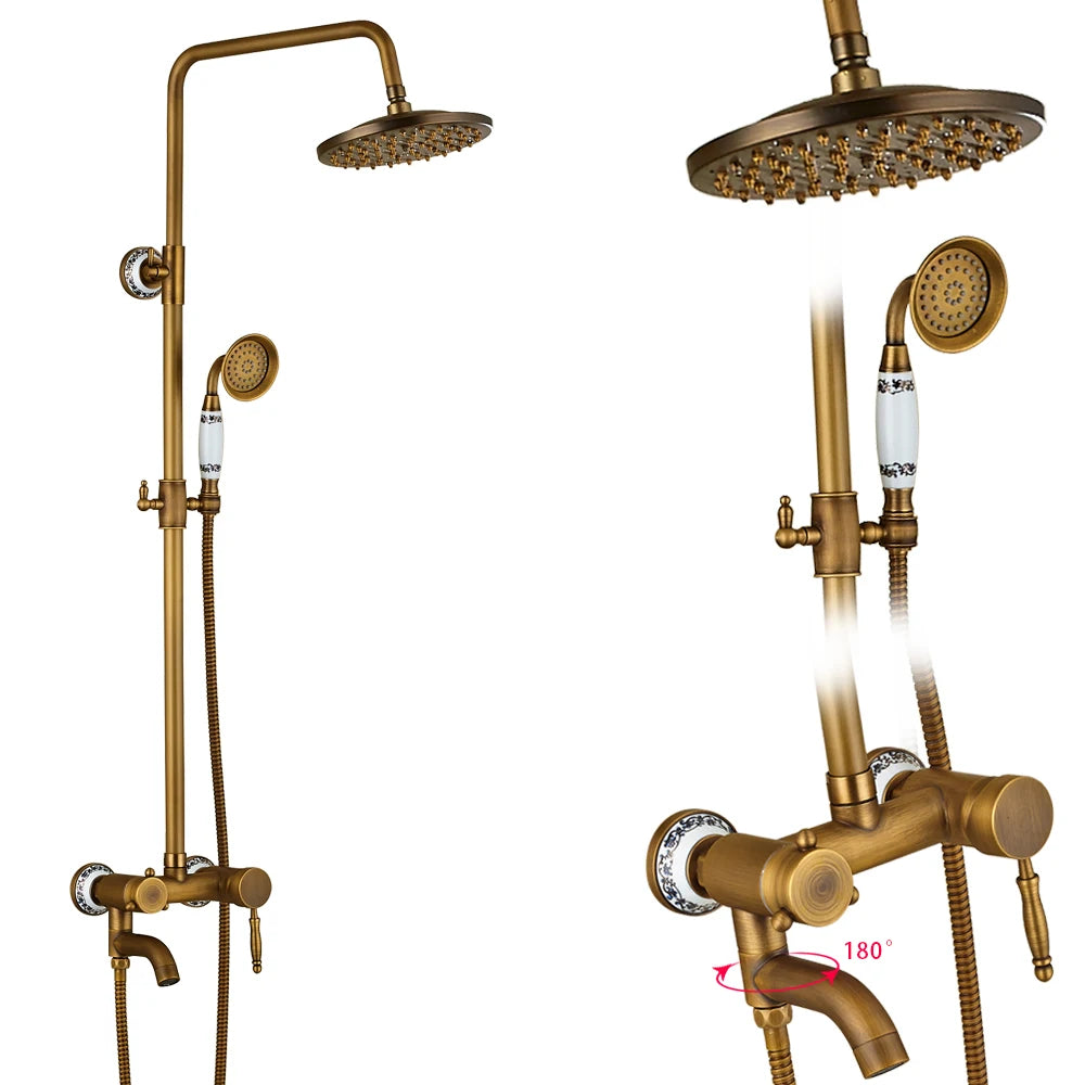 Rozin Ensemble Douche Antique Laiton Mural – Double Poignée, Douchette & Étagère Intégrée | Mitigeur Style Vintage