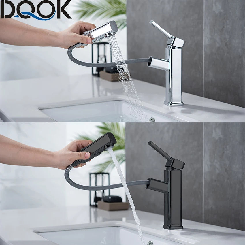 DQOK Robinet Lavabo Extractible Chrome & Noir – Laiton, Douchette Escamotable, Mitigeur Moderne | Vasque Salle de Bain