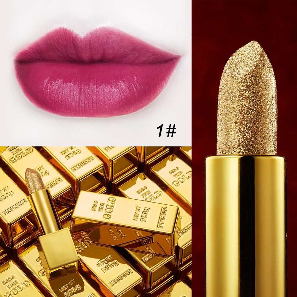 Rouge à Lèvres Glitter Hydratant Velours Mat Or – Waterproof Longue Tenue | Lèvres Brillantes Rouge Sexy Cosmétique Pigmenté