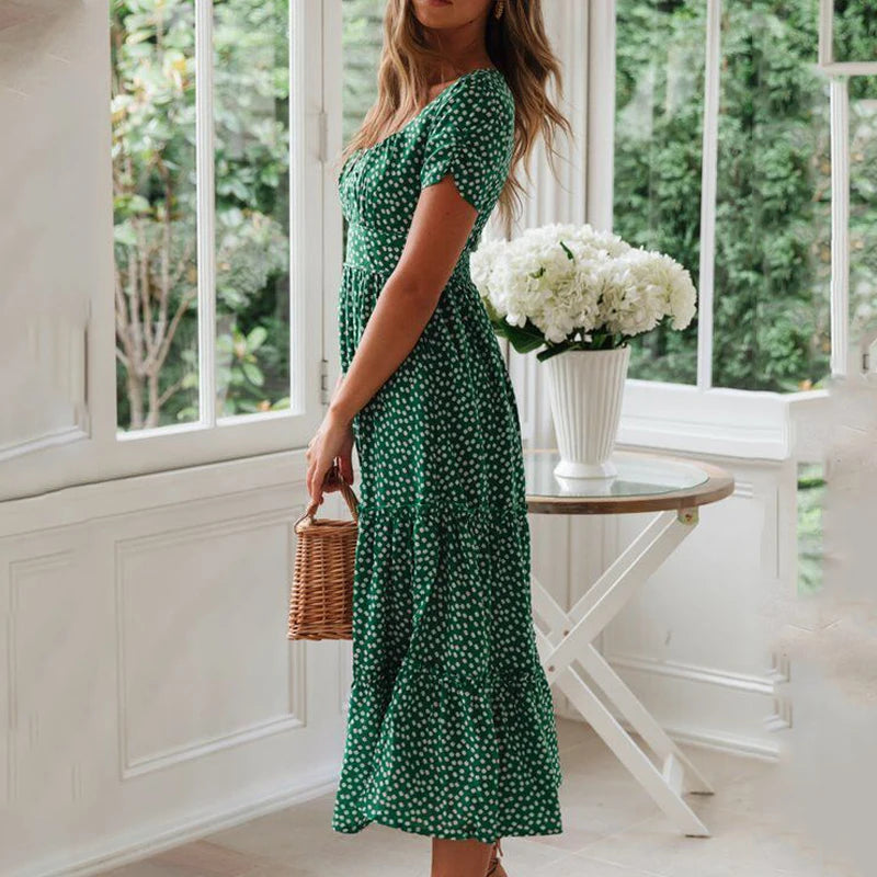 Vintage Maxikleid mit Blumenmuster – Carmen-Ausschnitt & Puffärmel | Maxi Strandkleid Casual