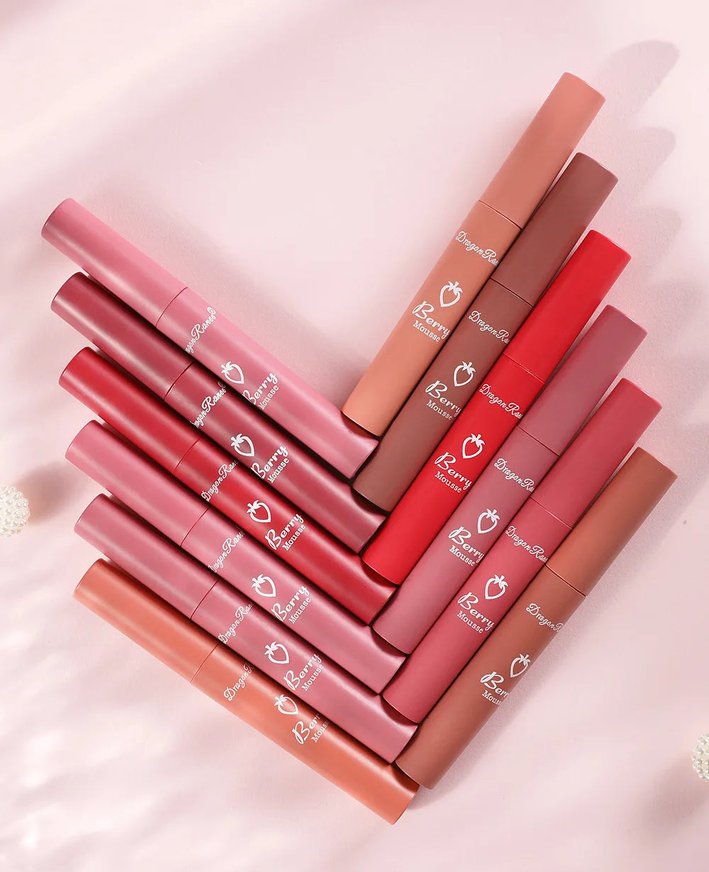 Gloss Lèvres Mat 12 Couleurs Berry Mousse – Glaçure Velours Waterproof Longue Tenue | Rouge à Lèvres Sexy Cosmétique