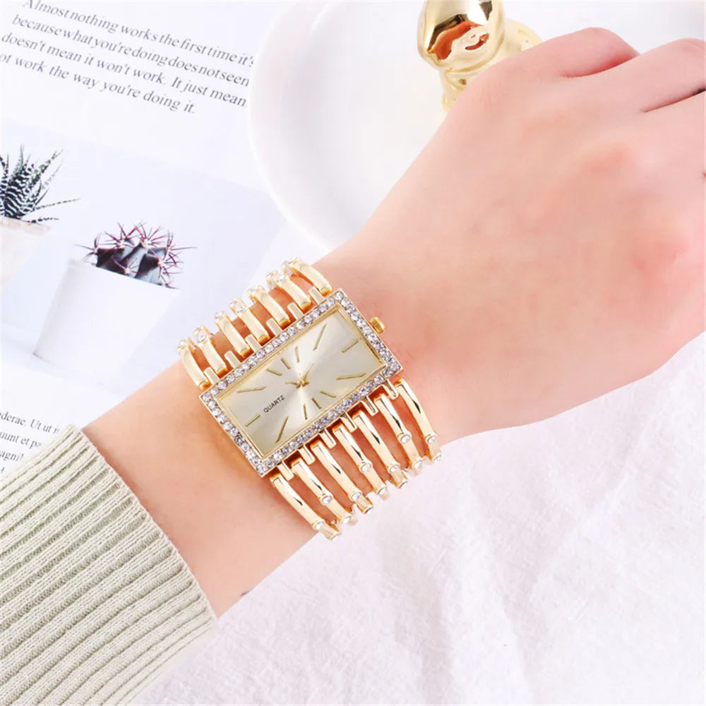 Montre Femme Diamant Rectangle Or 2025 – Bracelet Alliage Doré Quartz Luxe Cadeau