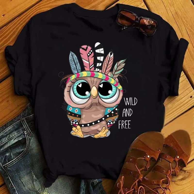 T-Shirt Femme Hibou Kawaii 🦦 – Style Harajuku Japonais | Graphic Tee Cute Manches Courtes