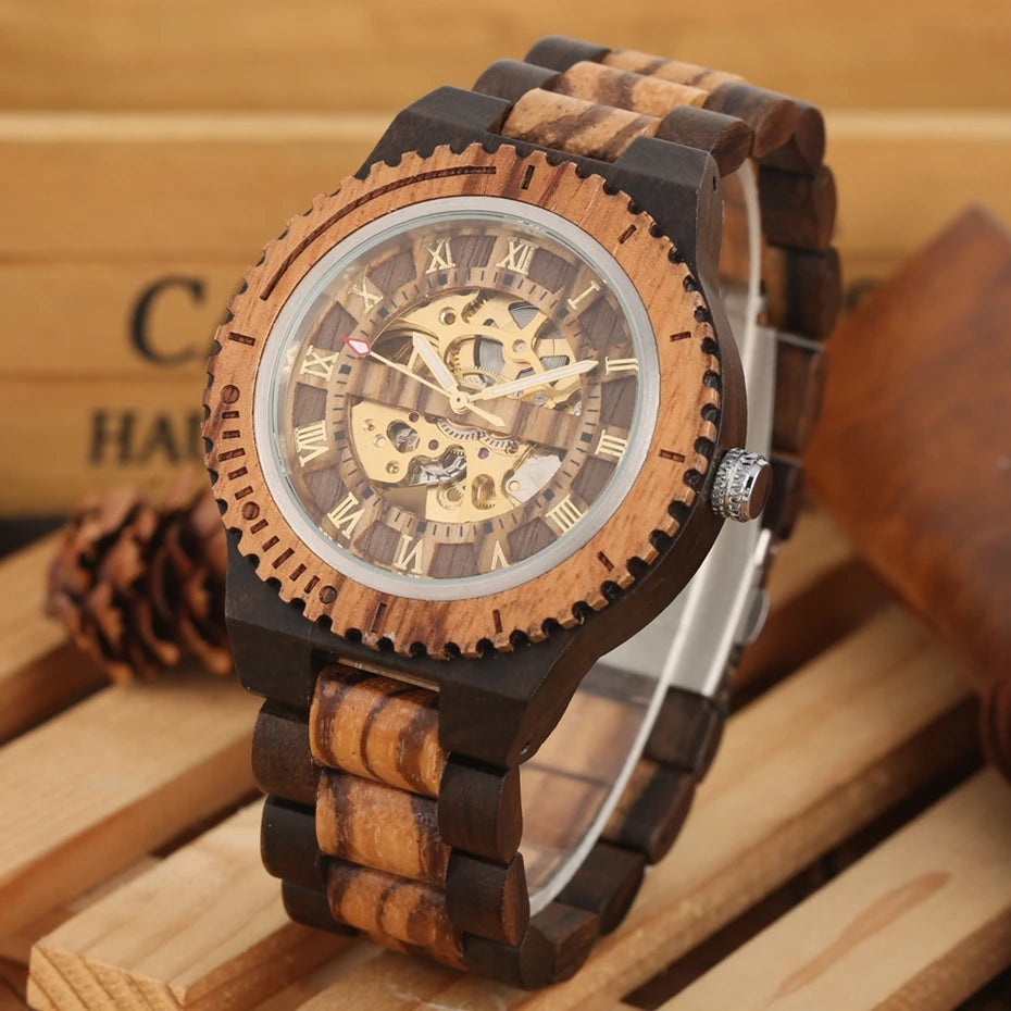 Montre Homme Luxe Mécanique Automatique Bois Bracelet Réglable – Fashion Éco-Responsable Unique
