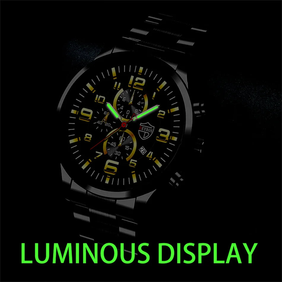 Montre Homme Luxe Quartz Acier Inoxydable Cuir Calendrier Lumineux – Sport Business Fashion