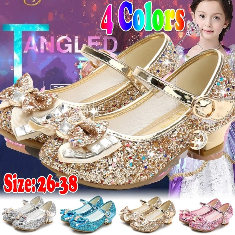 Chaussures Princesse Fille Cuir Paillettes Talon – Nœud Papillon Fleur Bleu Rose Argenté