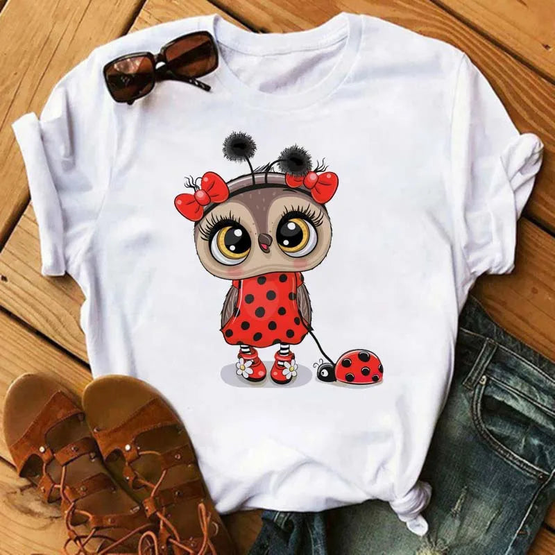 T-Shirt Femme Hibou Kawaii 🦦 – Style Harajuku Japonais | Graphic Tee Cute Manches Courtes