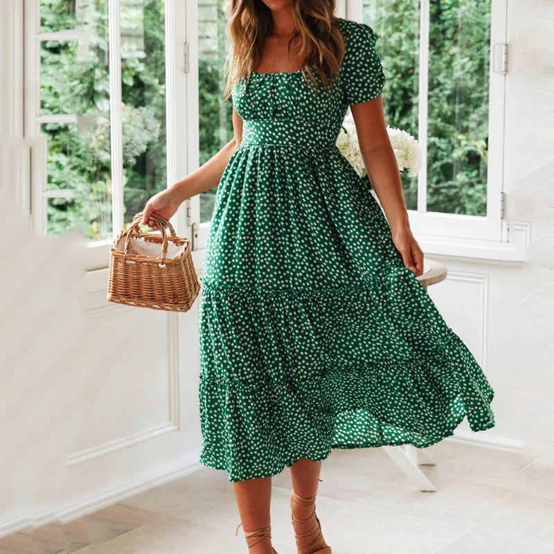 Vintage Maxikleid mit Blumenmuster – Carmen-Ausschnitt & Puffärmel | Maxi Strandkleid Casual