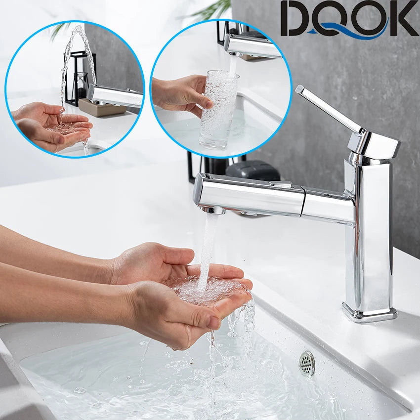 DQOK Robinet Lavabo Extractible Chrome & Noir – Laiton, Douchette Escamotable, Mitigeur Moderne | Vasque Salle de Bain