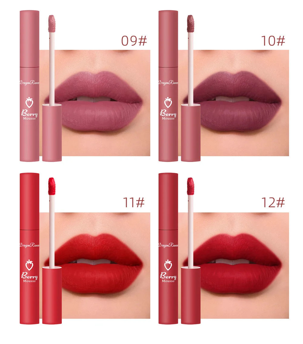 Gloss Lèvres Mat 12 Couleurs Berry Mousse – Glaçure Velours Waterproof Longue Tenue | Rouge à Lèvres Sexy Cosmétique