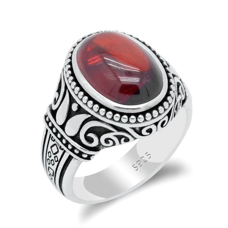Bague Argent 925 Homme Zircon Rouge – Gravure Vintage Luxe | Bijou Sterling Silver Unisexe | Cadeau Homme & Femme