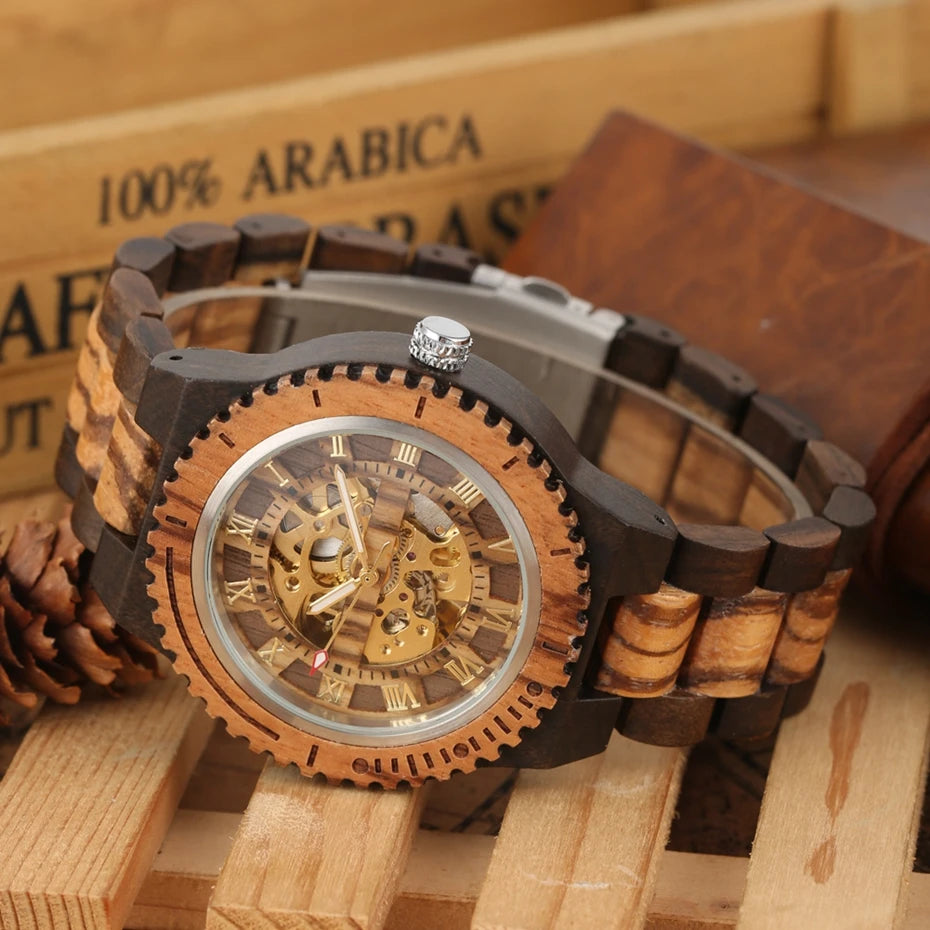 Montre Homme Luxe Mécanique Automatique Bois Bracelet Réglable – Fashion Éco-Responsable Unique