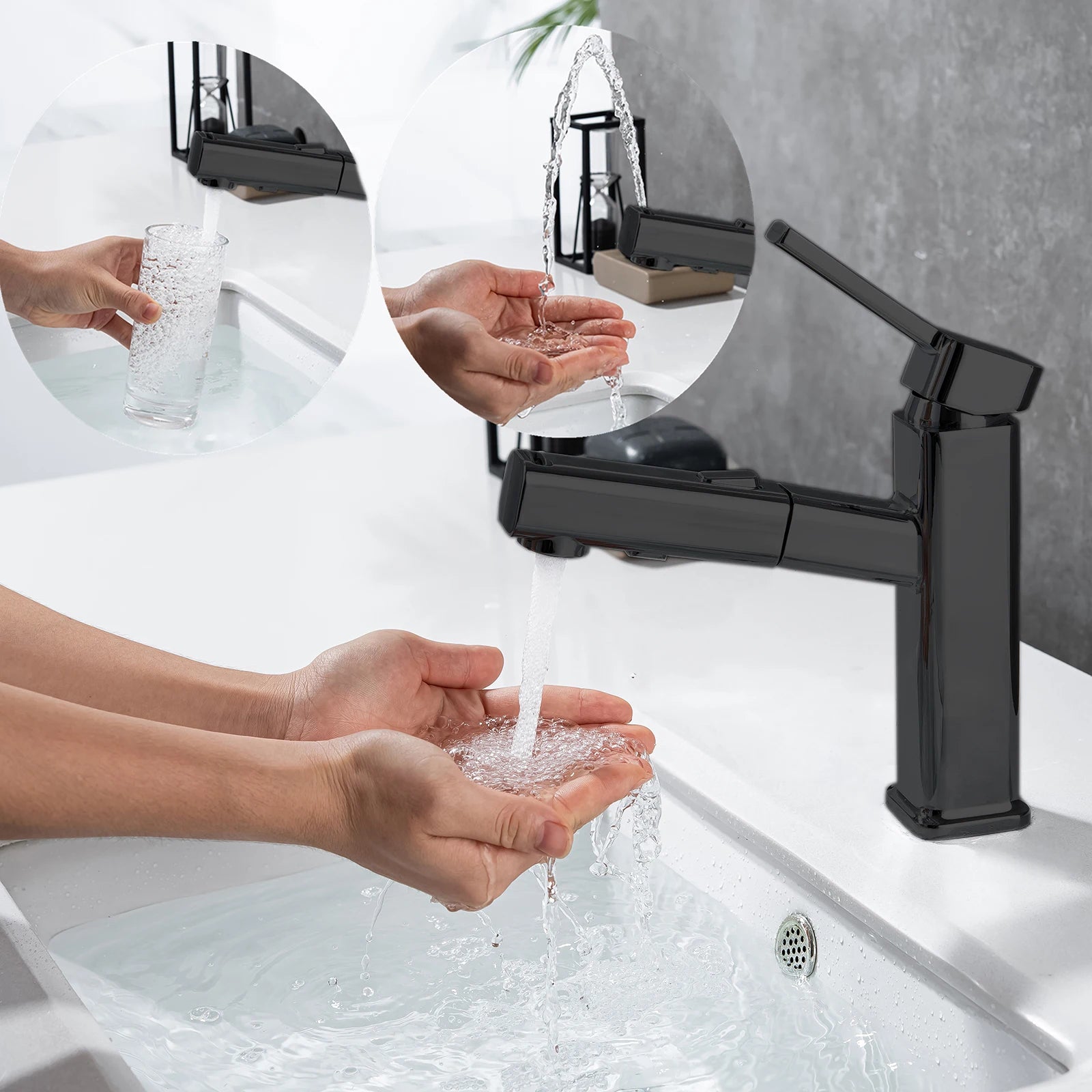 DQOK Robinet Lavabo Extractible Chrome & Noir – Laiton, Douchette Escamotable, Mitigeur Moderne | Vasque Salle de Bain