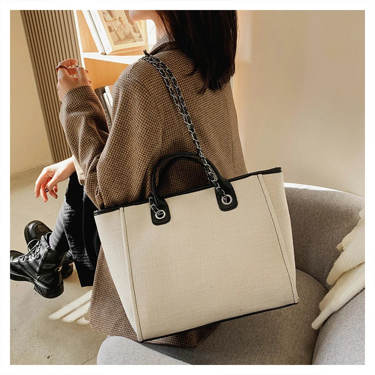 Tote Bag Femme Toile Grande Capacité – Cabas Shopping Chaînes Épaule Messenger Casual