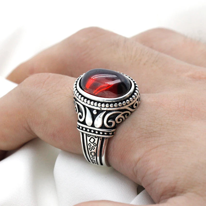 Bague Argent 925 Homme Zircon Rouge – Gravure Vintage Luxe | Bijou Sterling Silver Unisexe | Cadeau Homme & Femme